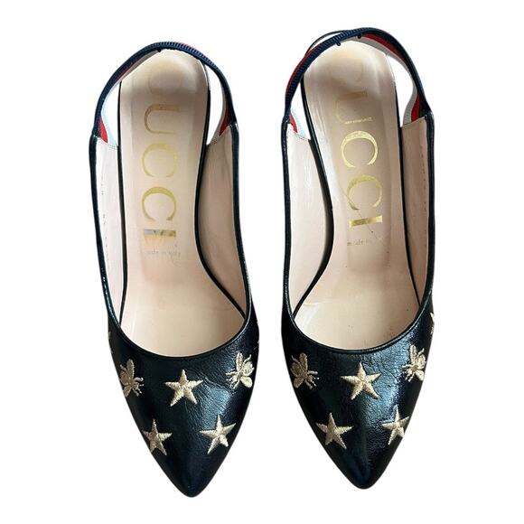 Gucci Heels Sylvie Web Bee Accent Leather Slip On Slingback Round Toe Pumps Shoe - Picture 3 of 11